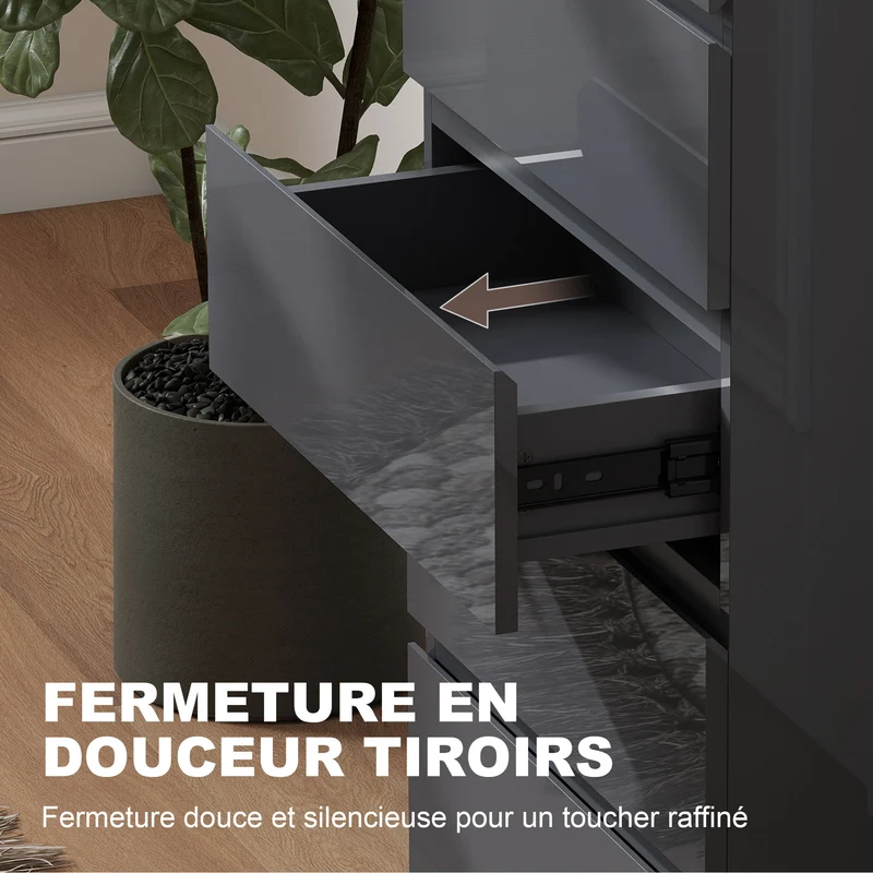 Commode 5 tiroirs 53 x 34 x 100 cm fermeture douce sécurisée design moderne sans poignée en panneau de particules gris 21_0001452