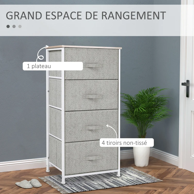 Commode quatre tiroirs chiffonnier 45 x 30 x 92 cm rangement optimisé gain de place style cosy contemporain en MDF blanc 21_0001436