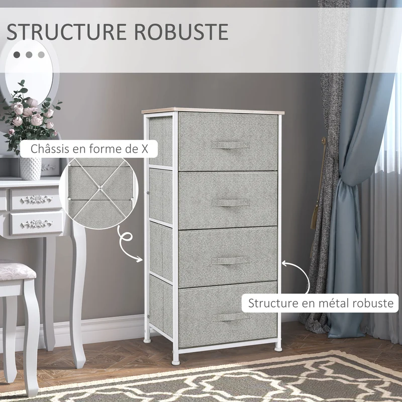 Commode quatre tiroirs chiffonnier 45 x 30 x 92 cm rangement optimisé gain de place style cosy contemporain en MDF blanc 21_0001436