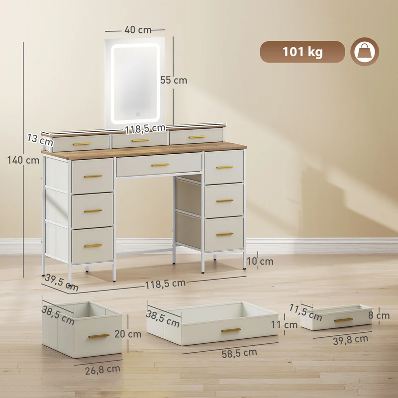 Coiffeuse maquillage 118,5 x 40 x 75,5 cm miroir éclairé 3 couleurs moderne douce en panneau de particules bois naturel 21_0003740