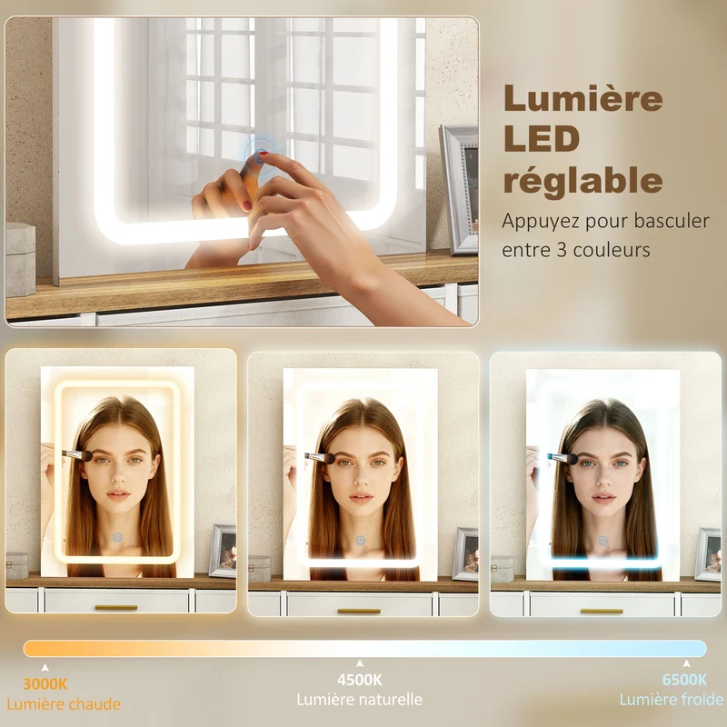 Coiffeuse maquillage 118,5 x 40 x 75,5 cm miroir éclairé 3 couleurs moderne douce en panneau de particules bois naturel 21_0003740