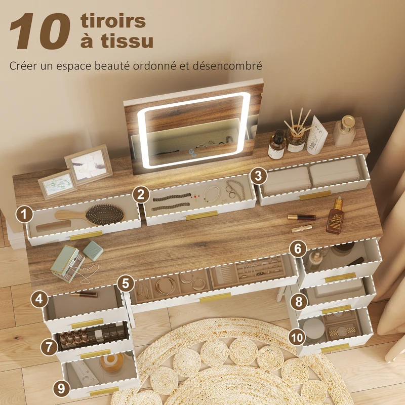 Coiffeuse maquillage 118,5 x 40 x 75,5 cm miroir éclairé 3 couleurs moderne douce en panneau de particules bois naturel 21_0003740