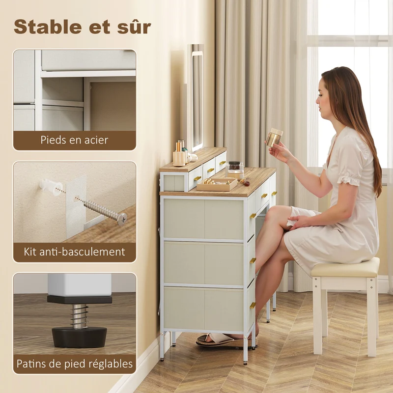 Coiffeuse maquillage 118,5 x 40 x 75,5 cm miroir éclairé 3 couleurs moderne douce en panneau de particules bois naturel 21_0003740