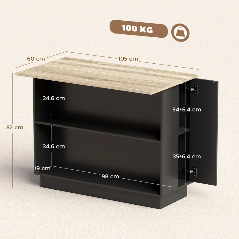 Desserte îlot de cuisine 105 x 60 x 82 cm grand plateau 2 étagères réglables 2 placards moderne épuré en mélamine noir 21_0001043