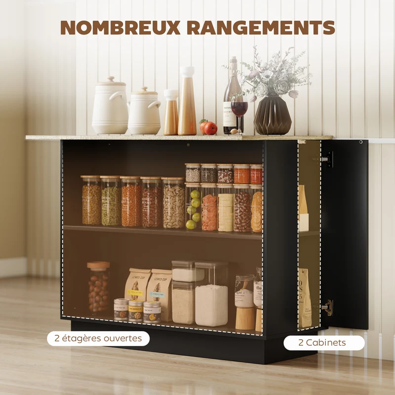 Desserte îlot de cuisine 105 x 60 x 82 cm grand plateau 2 étagères réglables 2 placards moderne épuré en mélamine noir 21_0001043