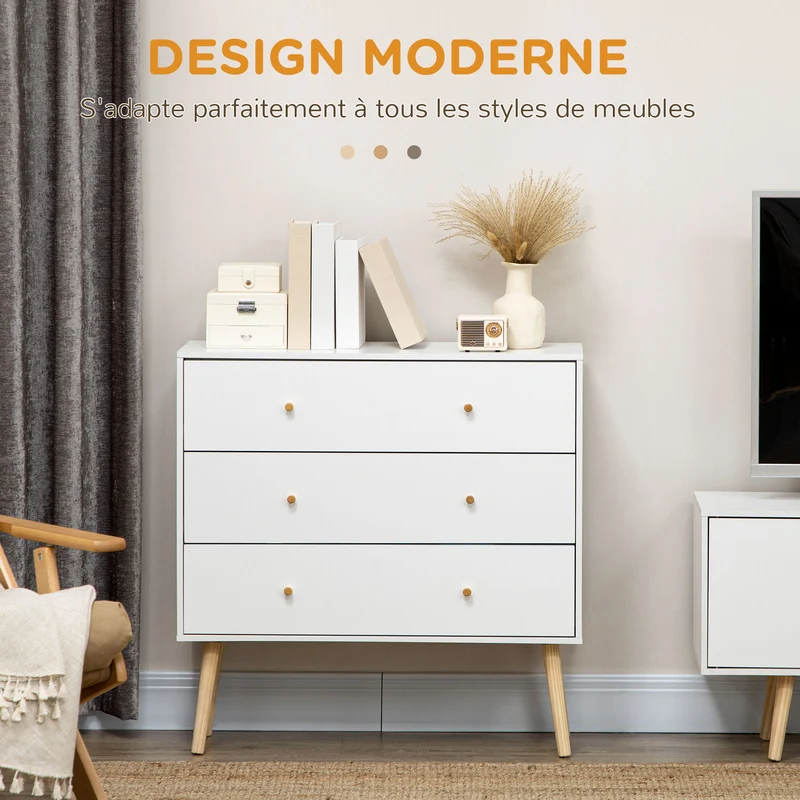 Commode de rangement 80 x 30 x 80 cm 3 tiroirs sécurité anti basculement scandinave épuré en panneau de particules blanc 21_0001511