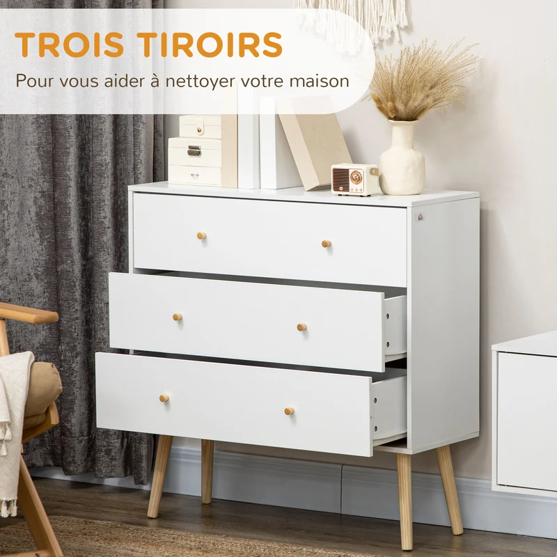 Commode de rangement 80 x 30 x 80 cm 3 tiroirs sécurité anti basculement scandinave épuré en panneau de particules blanc 21_0001511