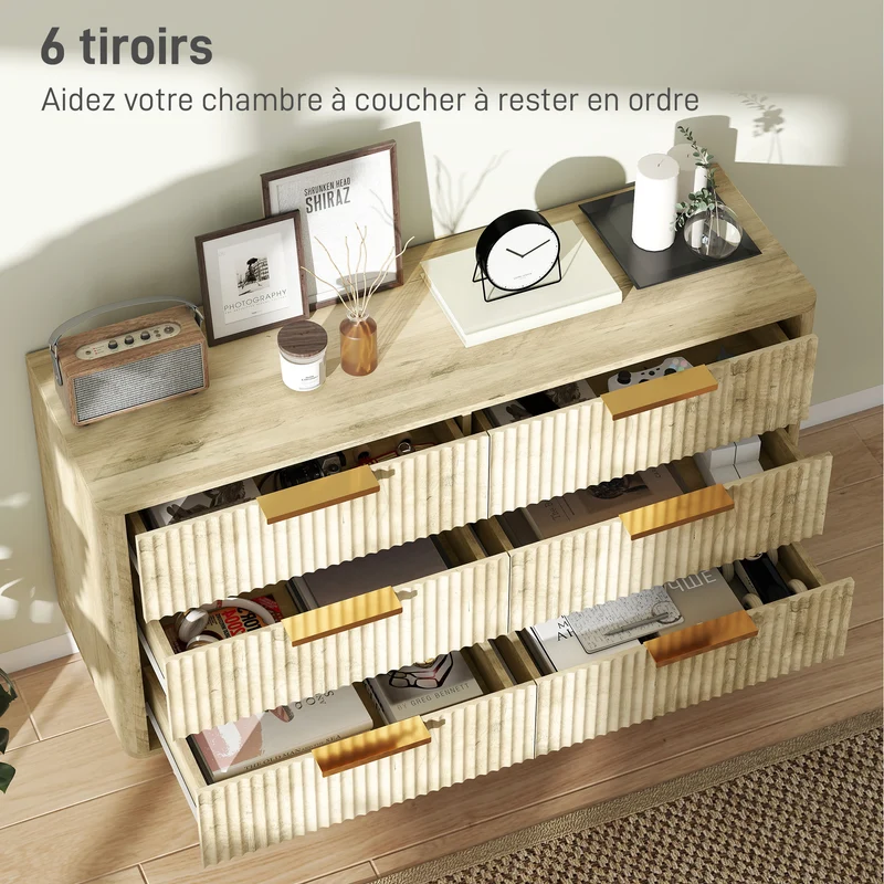 Commode 6 tiroirs scandinave 120 x 40 x 76 cm rangement spacieux sécurité anti basculement épuré design en MDF chêne 21_0001674