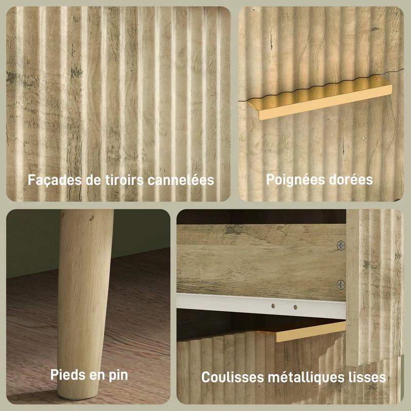 Commode 6 tiroirs scandinave 120 x 40 x 76 cm rangement spacieux sécurité anti basculement épuré design en MDF chêne 21_0001674