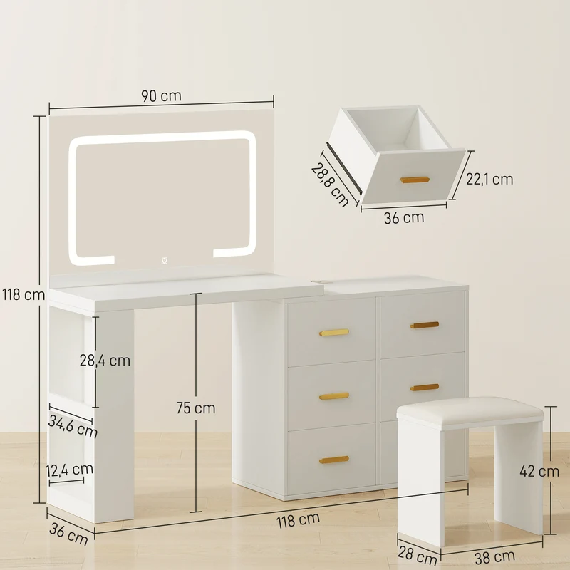 Coiffeuse miroir avec tabouret 118 x 78 x 135 cm éclairage led réglable rangement 6 tiroirs moderne épuré en MDF blanc 21_0003730