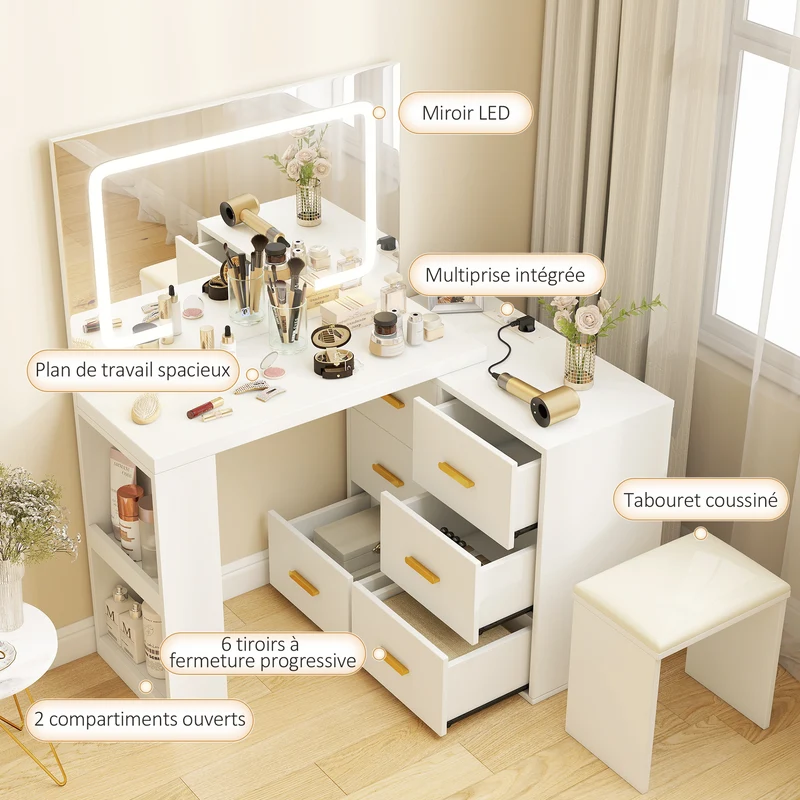 Coiffeuse miroir avec tabouret 118 x 78 x 135 cm éclairage led réglable rangement 6 tiroirs moderne épuré en MDF blanc 21_0003730