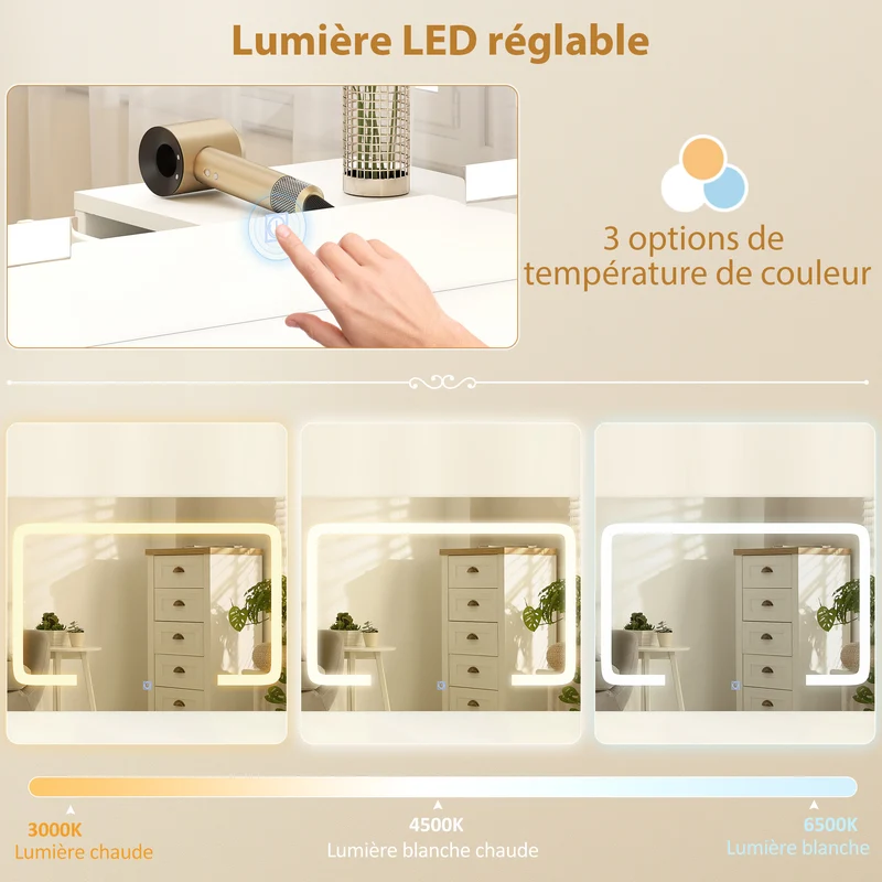 Coiffeuse miroir avec tabouret 118 x 78 x 135 cm éclairage led réglable rangement 6 tiroirs moderne épuré en MDF blanc 21_0003730