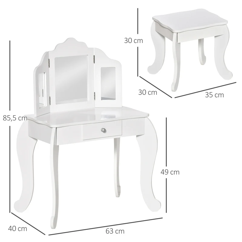 Coiffeuse enfant 2 en 1 avec tabouret miroir triptyque tiroir coulissant 63 x 40 x 85,5 cm design épuré en MDF blanc 21_0000144