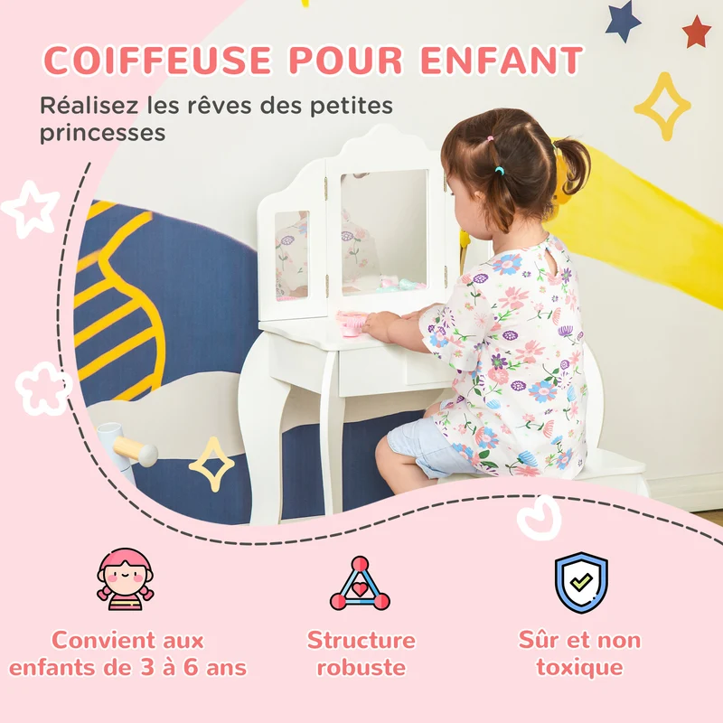 Coiffeuse enfant 2 en 1 avec tabouret miroir triptyque tiroir coulissant 63 x 40 x 85,5 cm design épuré en MDF blanc 21_0000144