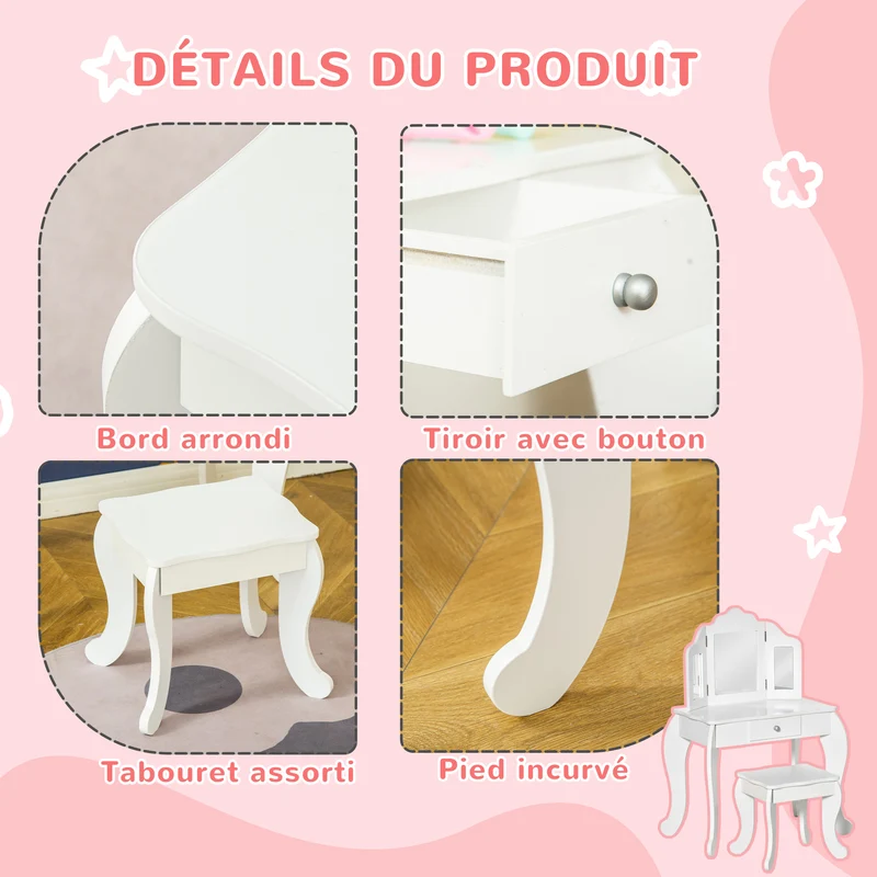 Coiffeuse enfant 2 en 1 avec tabouret miroir triptyque tiroir coulissant 63 x 40 x 85,5 cm design épuré en MDF blanc 21_0000144