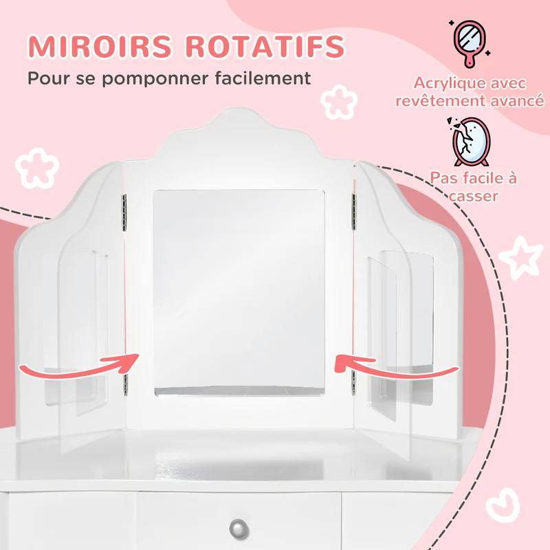 Coiffeuse enfant 2 en 1 avec tabouret miroir triptyque tiroir coulissant 63 x 40 x 85,5 cm design épuré en MDF blanc 21_0000144