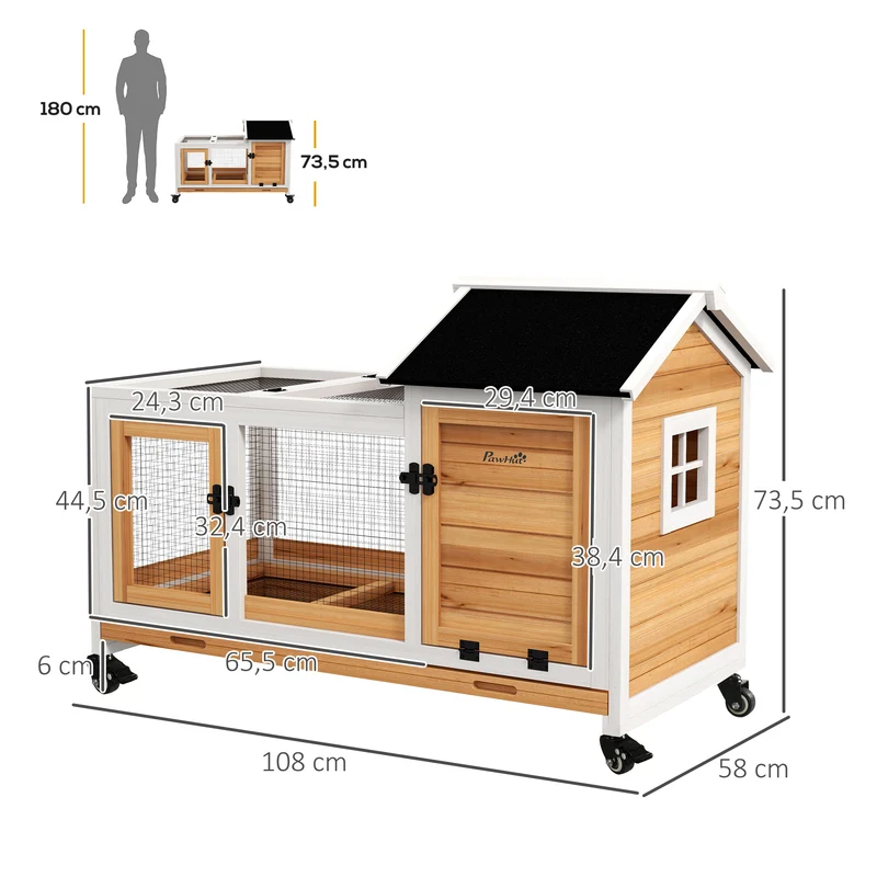 Clapier pour lapins 108 x 58 x 73,5 cm aire de jeu abritée tiroir coulissant rustique avec cottage abrité en bois jaune 21_0007953
