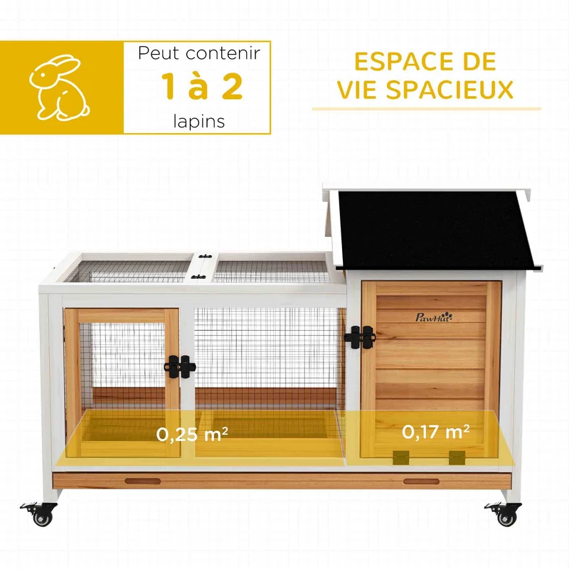 Clapier pour lapins 108 x 58 x 73,5 cm aire de jeu abritée tiroir coulissant rustique avec cottage abrité en bois jaune 21_0007953