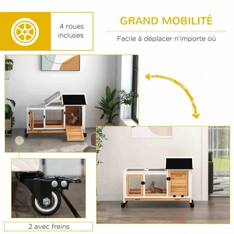 Clapier pour lapins 108 x 58 x 73,5 cm aire de jeu abritée tiroir coulissant rustique avec cottage abrité en bois jaune 21_0007953