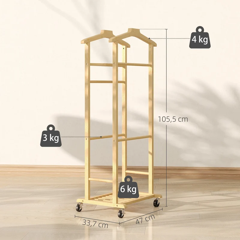 Portant à vêtements sur roulettes 47 x 34 x 106 cm gains de place mobilité freins scandinave en bambou bois naturel 21_0005893