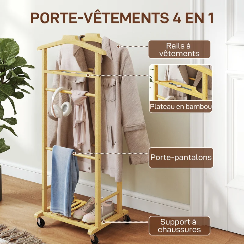 Portant à vêtements sur roulettes 47 x 34 x 106 cm gains de place mobilité freins scandinave en bambou bois naturel 21_0005893
