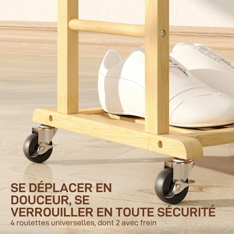 Portant à vêtements sur roulettes 47 x 34 x 106 cm gains de place mobilité freins scandinave en bambou bois naturel 21_0005893