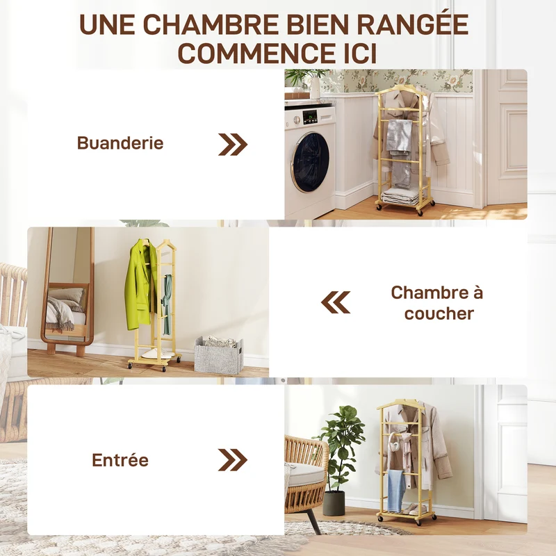 Portant à vêtements sur roulettes 47 x 34 x 106 cm gains de place mobilité freins scandinave en bambou bois naturel 21_0005893
