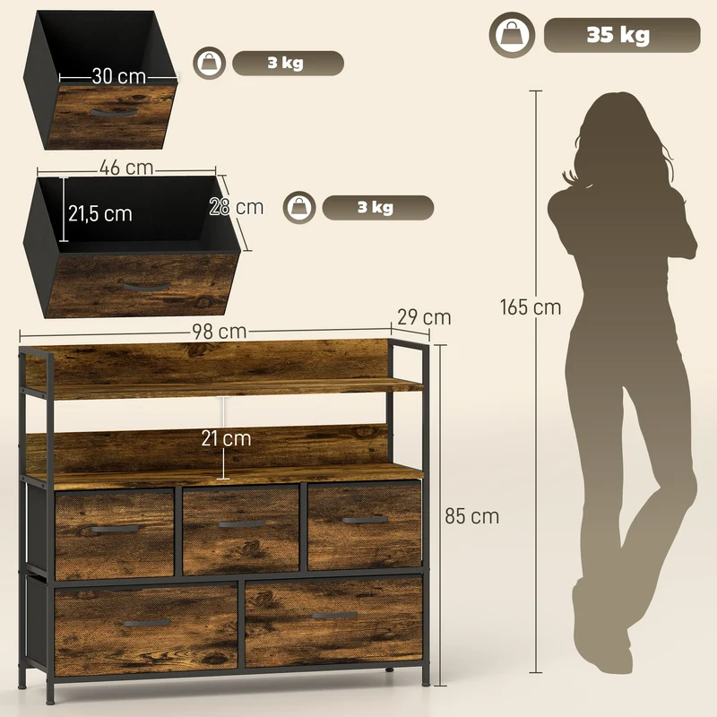 Commode rangement 98 x 29 x 85 cm 5 tiroirs pliants pieds réglables effet bois industriel rustique en polyester brun 21_0001600