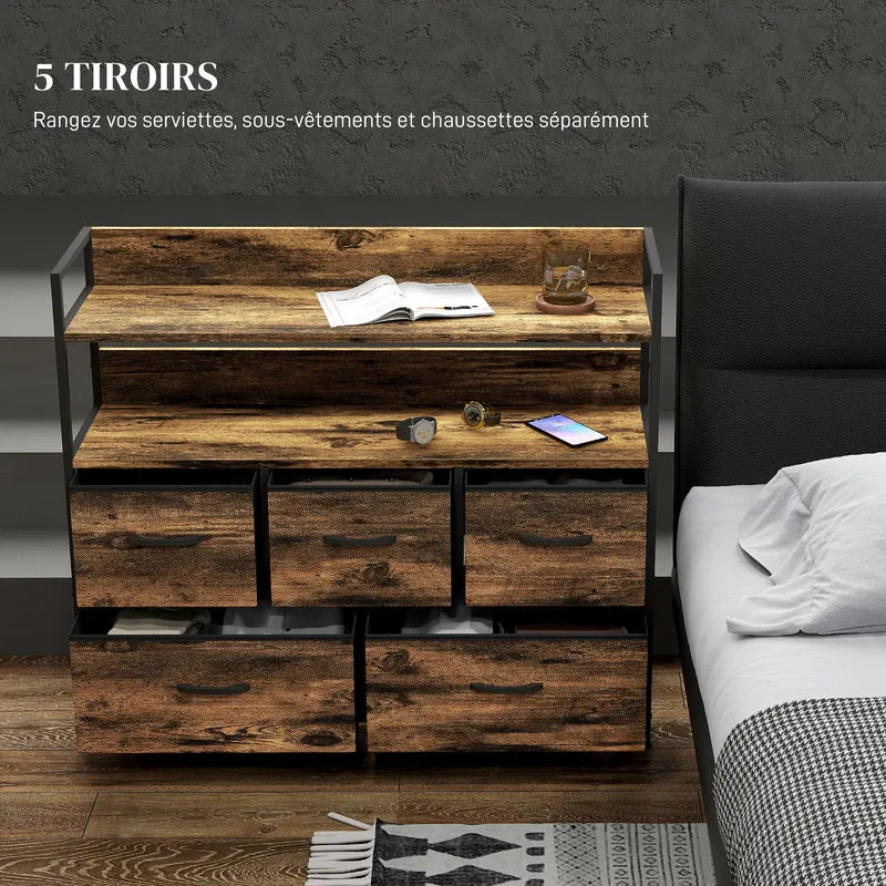 Commode rangement 98 x 29 x 85 cm 5 tiroirs pliants pieds réglables effet bois industriel rustique en polyester brun 21_0001600