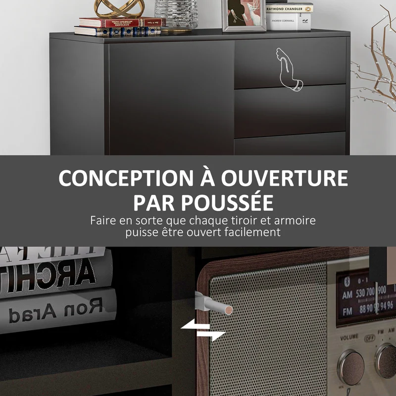 Commode de rangement 79 x 36 x 74 cm grand espace de rangement sans poignée contemporain en panneau de particules noir 21_0002825