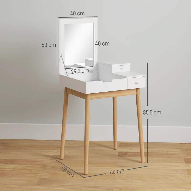 Coiffeuse compacte transformable en bureau 60 x 50 x 85.5 cm miroir rabattable 2 tiroirs rangement moderne en MDF blanc 21_0001420