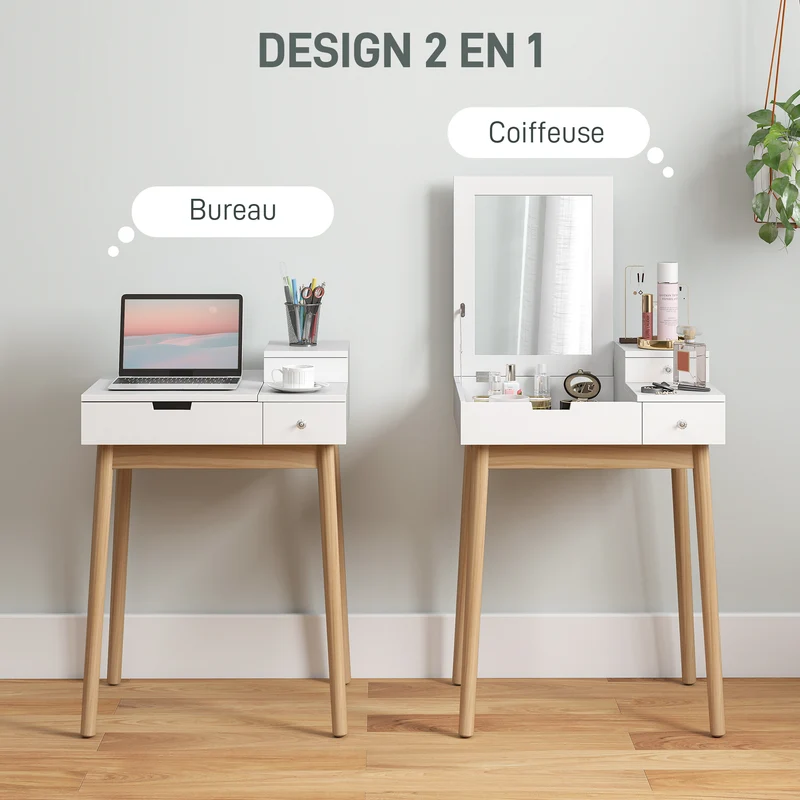 Coiffeuse compacte transformable en bureau 60 x 50 x 85.5 cm miroir rabattable 2 tiroirs rangement moderne en MDF blanc 21_0001420