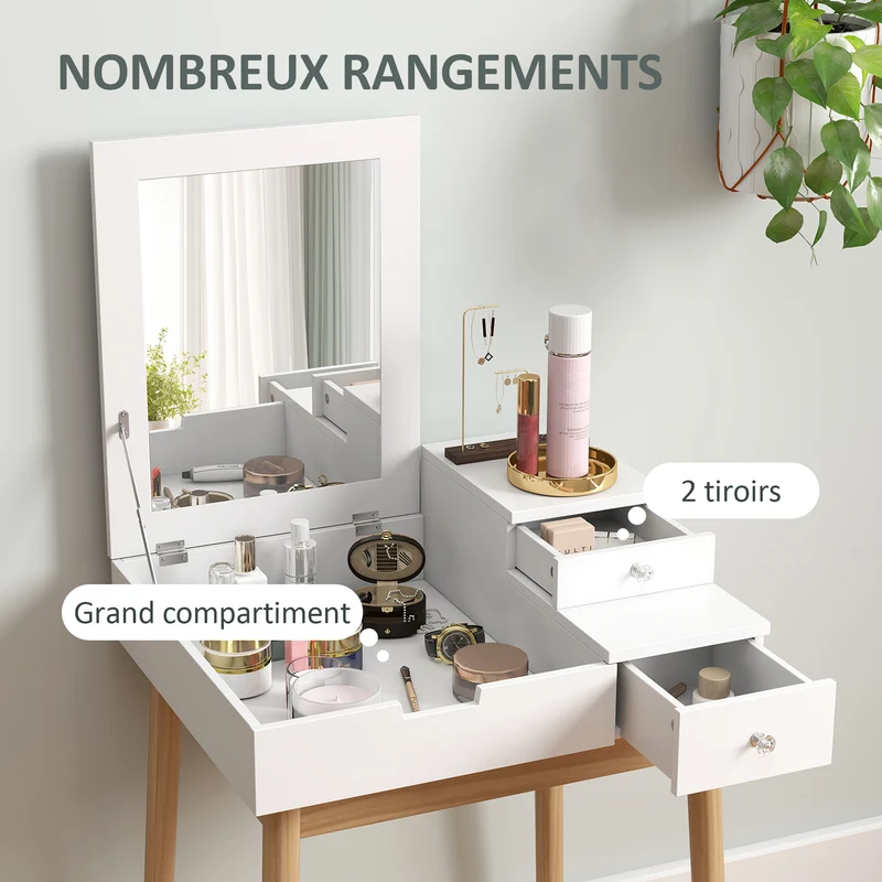 Coiffeuse compacte transformable en bureau 60 x 50 x 85.5 cm miroir rabattable 2 tiroirs rangement moderne en MDF blanc 21_0001420