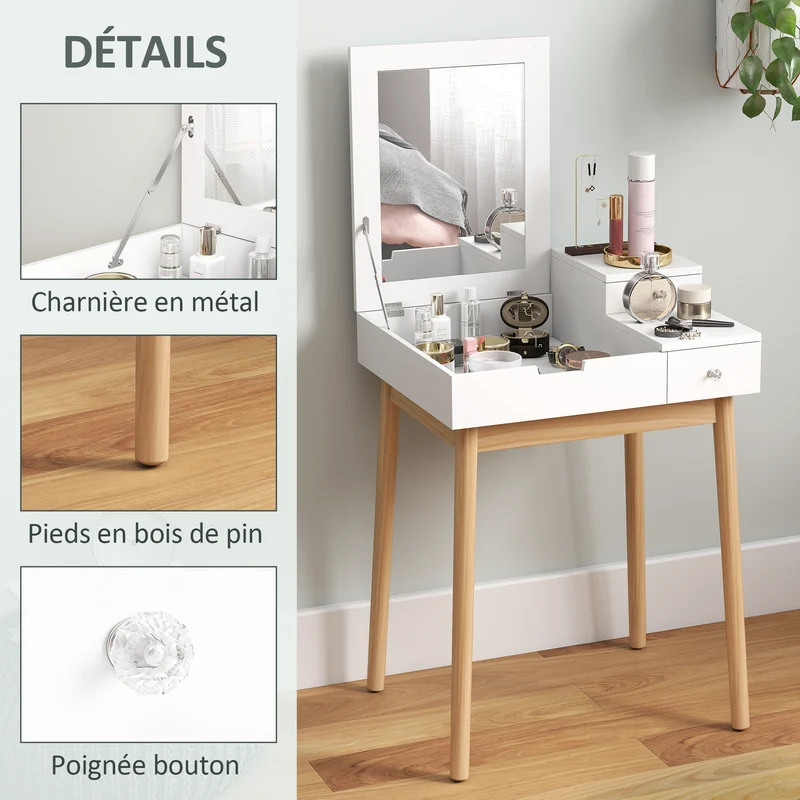 Coiffeuse compacte transformable en bureau 60 x 50 x 85.5 cm miroir rabattable 2 tiroirs rangement moderne en MDF blanc 21_0001420