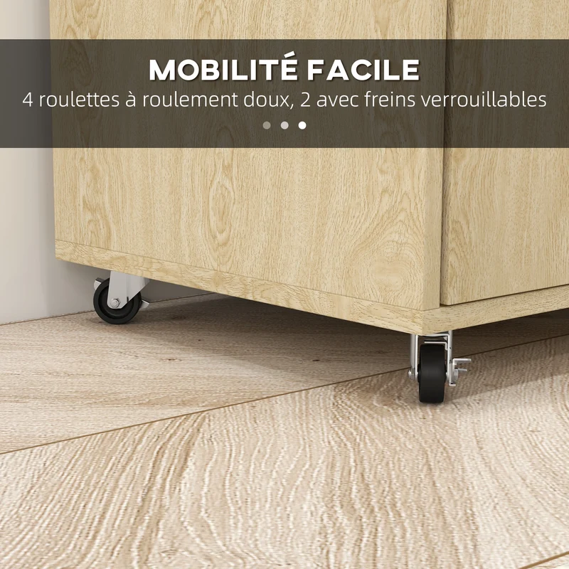 Desserte chariot cuisine 75 x 40 x 80.5 cm roulettes deux freins pratique moderne en panneau de particules bois naturel 21_0001039