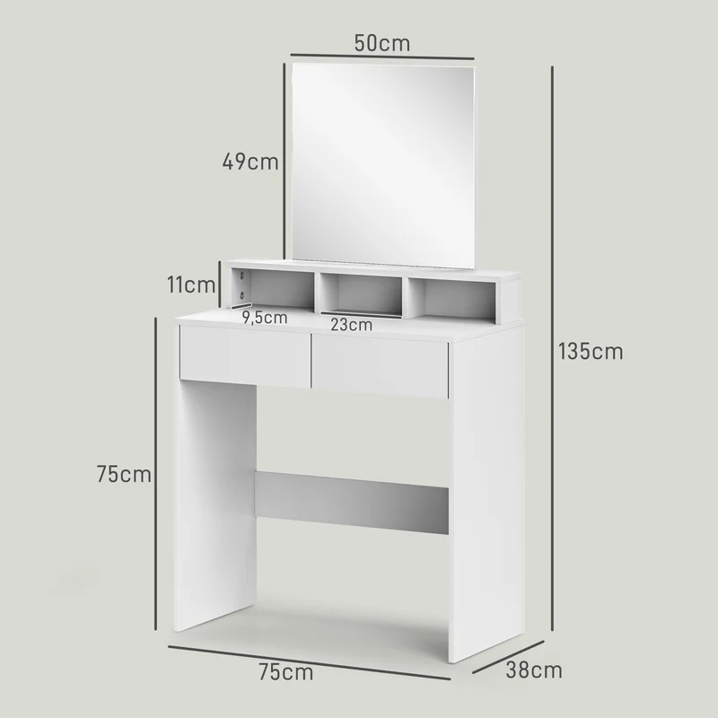 Coiffeuse meuble de maquillage 75 x 38 x 135 cm grand miroir 2 tiroirs rangement moderne en panneau de particules blanc 21_0001653
