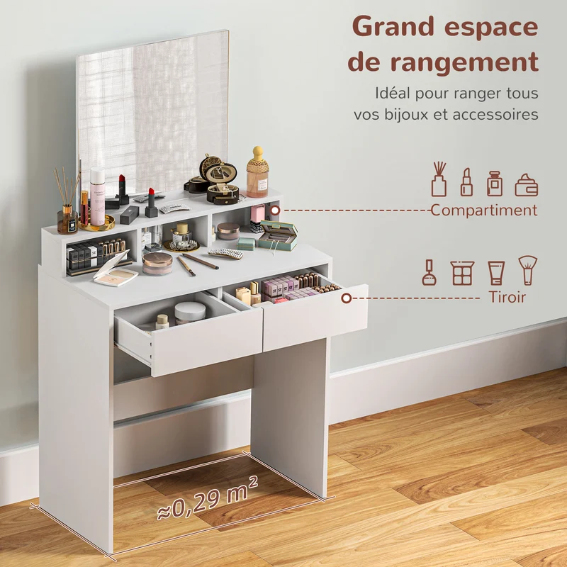 Coiffeuse meuble de maquillage 75 x 38 x 135 cm grand miroir 2 tiroirs rangement moderne en panneau de particules blanc 21_0001653