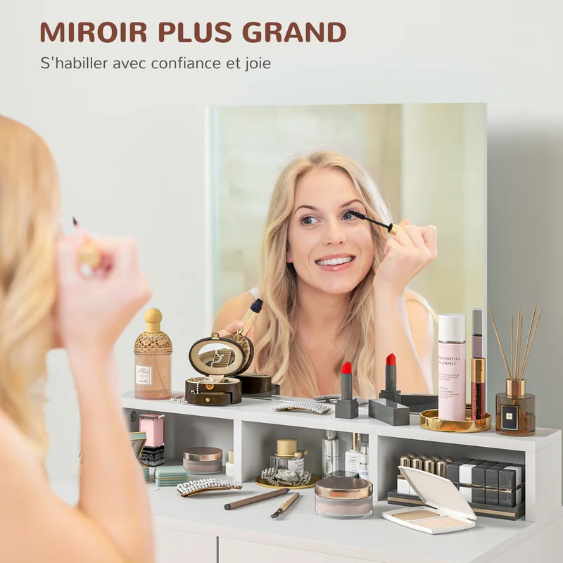 Coiffeuse meuble de maquillage 75 x 38 x 135 cm grand miroir 2 tiroirs rangement moderne en panneau de particules blanc 21_0001653