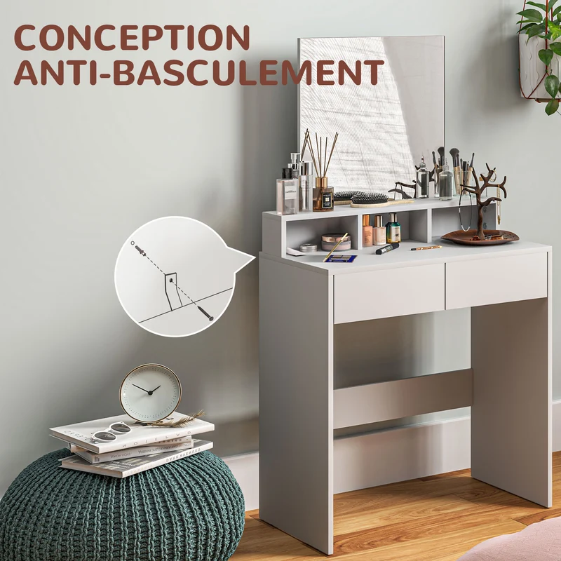 Coiffeuse meuble de maquillage 75 x 38 x 135 cm grand miroir 2 tiroirs rangement moderne en panneau de particules blanc 21_0001653