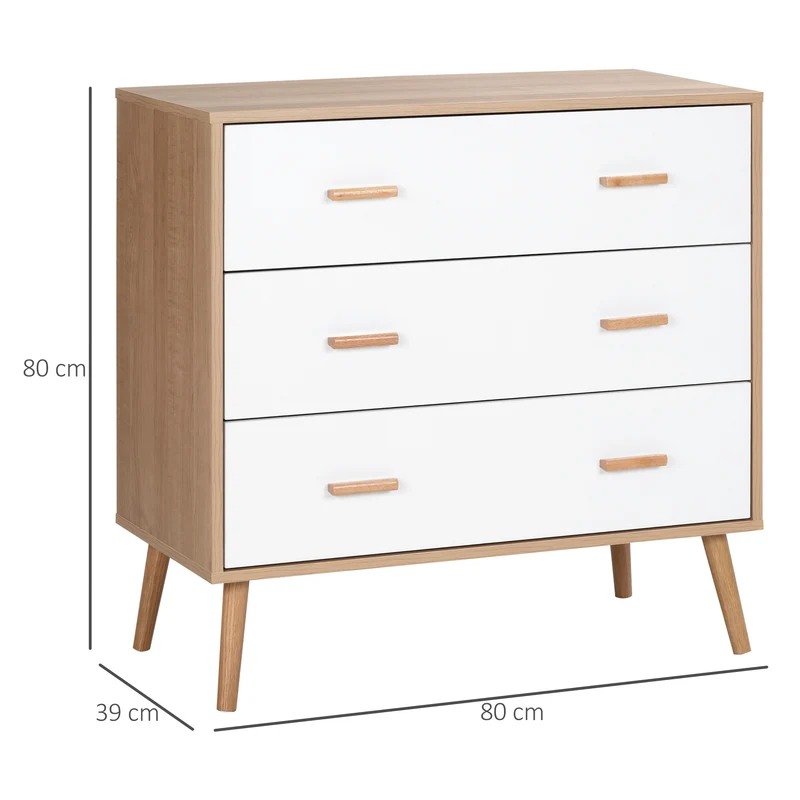 Commode de chambre 80 x 39 x 80 cm 3 tiroirs coulissants anti-basculement scandinave en panneaux de particules blanc 21_0001499
