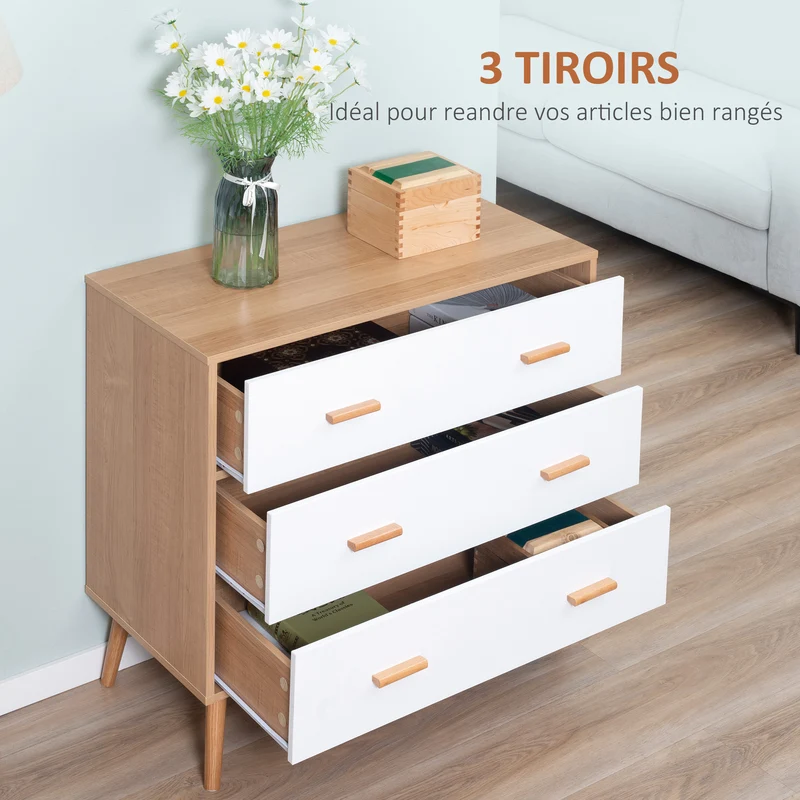 Commode de chambre 80 x 39 x 80 cm 3 tiroirs coulissants anti-basculement scandinave en panneaux de particules blanc 21_0001499