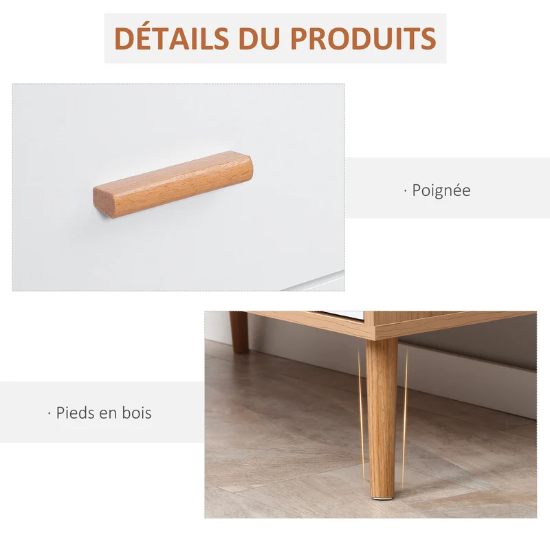 Commode de chambre 80 x 39 x 80 cm 3 tiroirs coulissants anti-basculement scandinave en panneaux de particules blanc 21_0001499