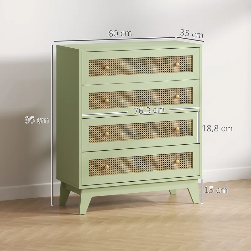 Commode 4 tiroirs façades cannées 80 x 35 x 95 cm rangement sécurisé anti basculement style scandinave cosy en MDF vert 21_0001534
