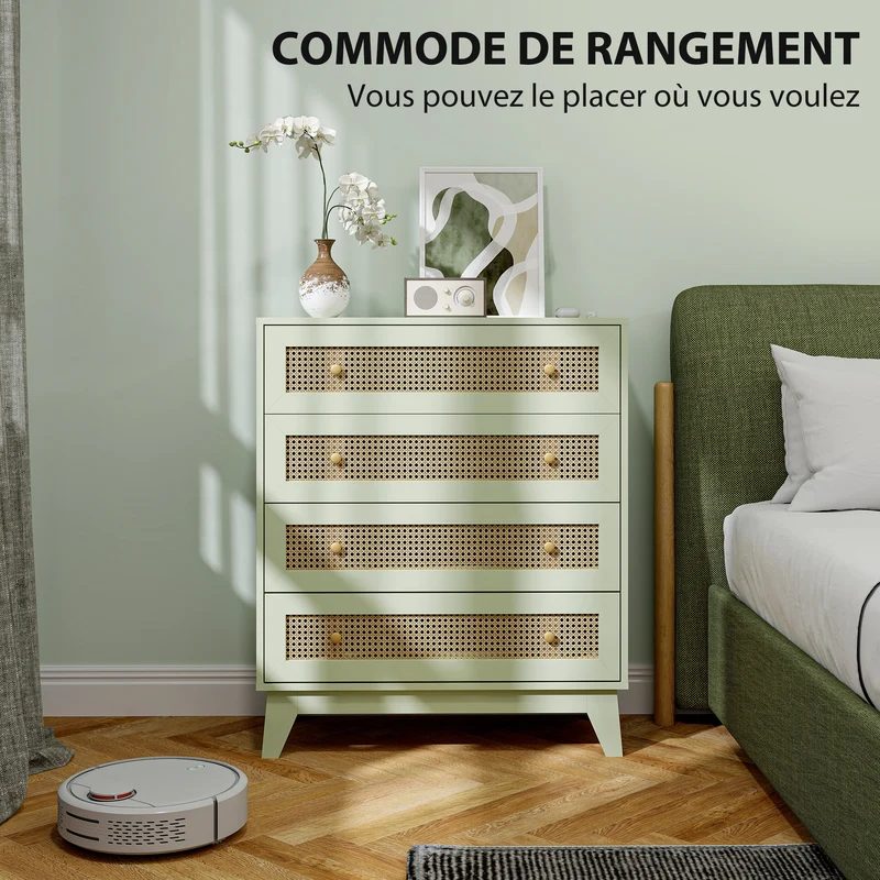Commode 4 tiroirs façades cannées 80 x 35 x 95 cm rangement sécurisé anti basculement style scandinave cosy en MDF vert 21_0001534