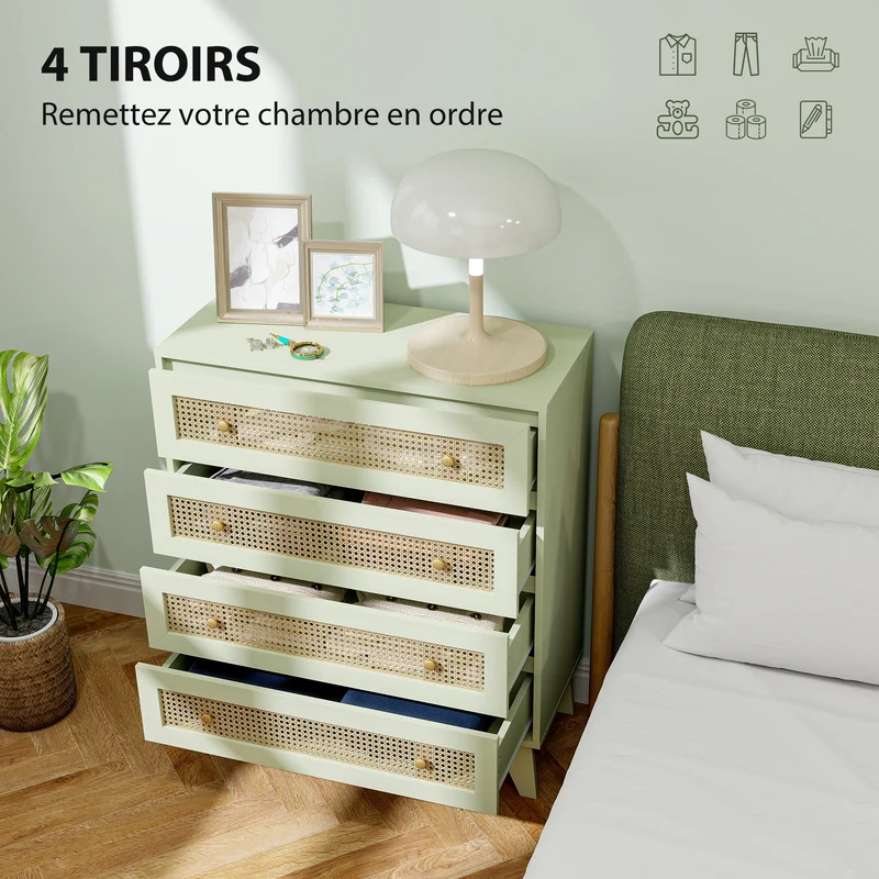 Commode 4 tiroirs façades cannées 80 x 35 x 95 cm rangement sécurisé anti basculement style scandinave cosy en MDF vert 21_0001534