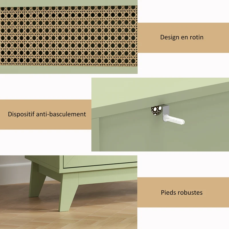 Commode 4 tiroirs façades cannées 80 x 35 x 95 cm rangement sécurisé anti basculement style scandinave cosy en MDF vert 21_0001534