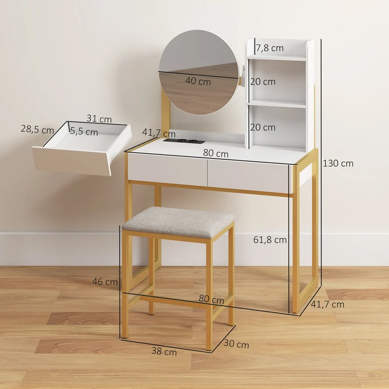 Coiffeuse miroir et tabouret 80 x 42 x 130 cm station de charge et rangements moderne en panneaux de particules blanc 21_0003792