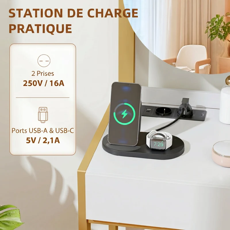 Coiffeuse miroir et tabouret 80 x 42 x 130 cm station de charge et rangements moderne en panneaux de particules blanc 21_0003792