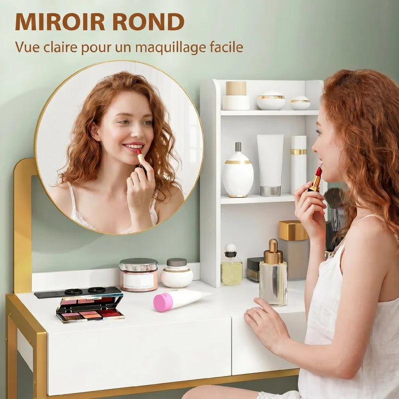 Coiffeuse miroir et tabouret 80 x 42 x 130 cm station de charge et rangements moderne en panneaux de particules blanc 21_0003792
