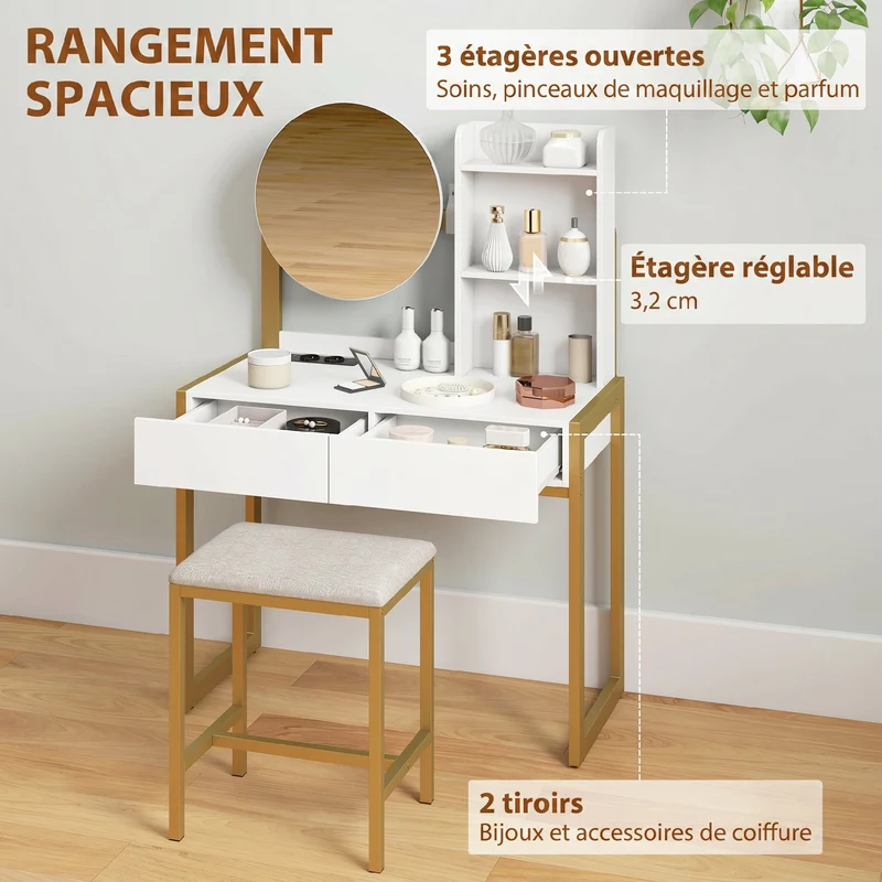 Coiffeuse miroir et tabouret 80 x 42 x 130 cm station de charge et rangements moderne en panneaux de particules blanc 21_0003792